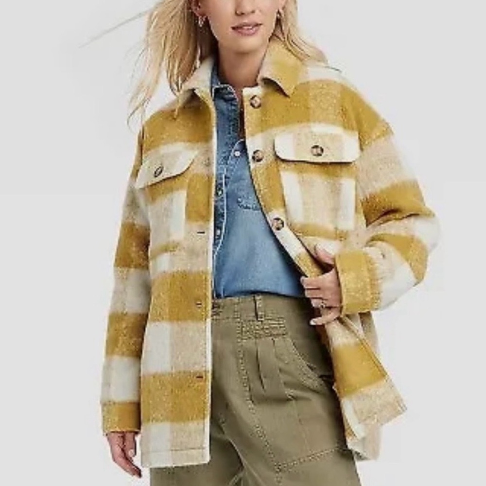 Universal Thread Plaid Mustard Cream Stripe Shacket Size XL Cabincore Streetwear